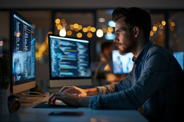 A focused man coding on a laptop in a contemporary office space with coworkers