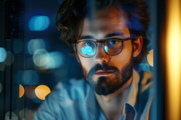 A focused man is seen working after hours in a dimly lit office space, illuminated by the soft glow of city lights through the window