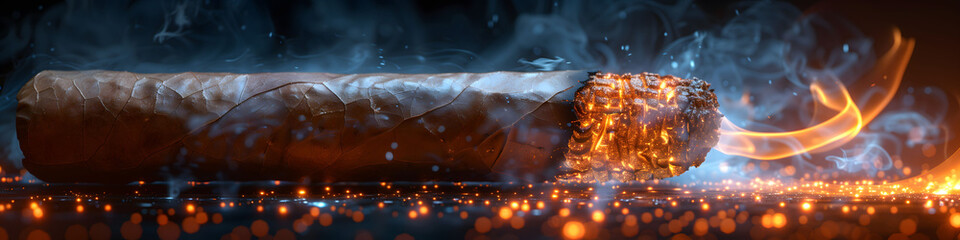Ignition Point: Close-Up of a Burning Cigar with Embers and Smoke