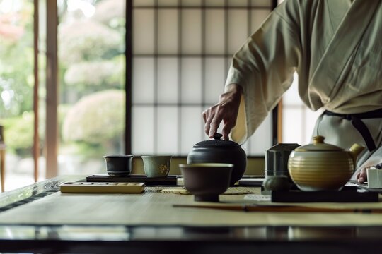 A tea master performing the traditional Japanese tea preparation process with exacting precision, embodying the essence of 'wa' (harmony)