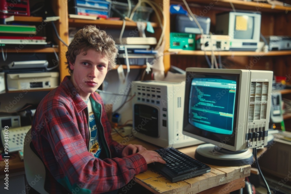 Poster a curly-haired individual is working on a vintage computer, surrounded by retro tech gadgets and boo