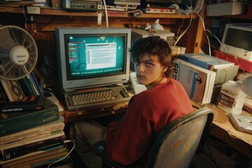 A young individual works on a vintage computer in a cluttered tech-filled room, conveying focus and nostalgia