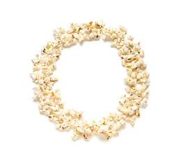 Frame made of tasty popcorn on white background