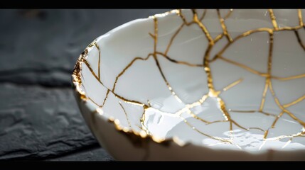 Close up shot capturing intricate detail of kintsugi art, the Japanese technique where broken pottery is repaired with gold, symbolizing beauty in imperfection