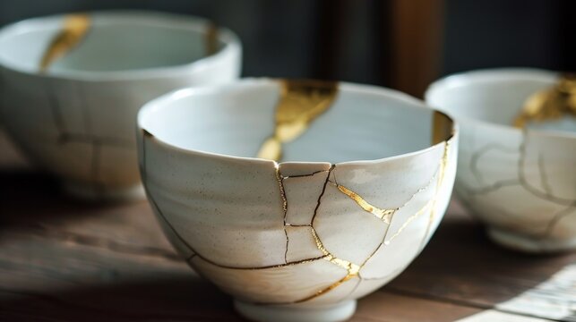 This warm-toned image showcases a trio of Kintsugi restored bowls, creating a narrative of beauty and strength in imperfection