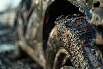 Close-up of a burnt tire on a wrecked car, highlighting the charred textures and remnants of a severe incident