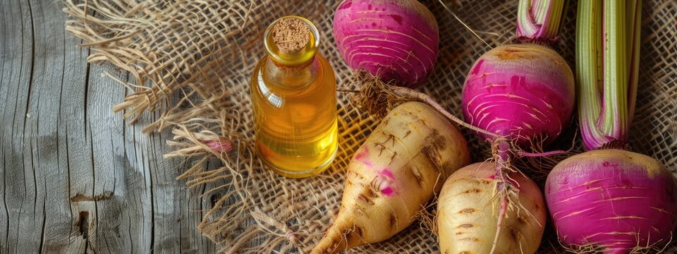 sugar beet essential oil on the background of burlap top view