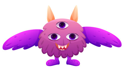 Cute purple monster with horns and wings. Vector illustration