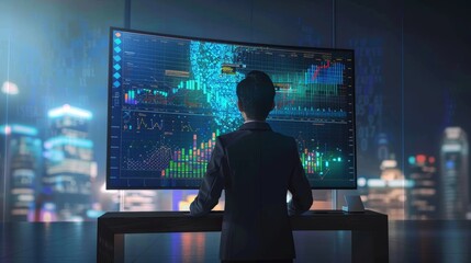 CuttingEdge AI Analysis Expert Engaged with Realtime Data on Vertical Monitor