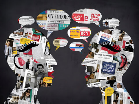 Silueta de personas conversando, burbujas de di&aacute;logo, recortes period&iacute;sticos en bosquejo