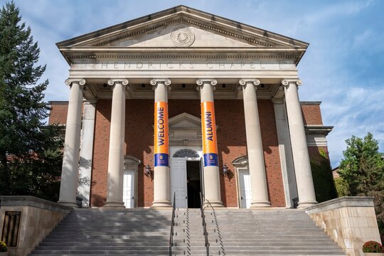 Looking up the stairs to Hendricks Chapel on the campus of Syracuse University, located in Central New York.