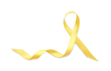 Yellow ribbon isolated on white, top view