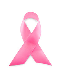 Pink ribbon isolated on white, top view