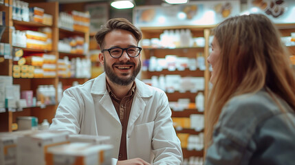 Fototapeta premium Happy man chooses medicine with help of young pharmacist in drugstore.