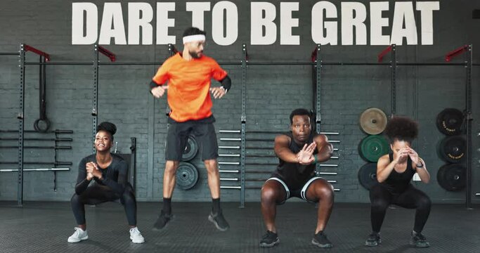 People, jump squat and exercise in gym, together and fitness class for strong muscle workout. Diversity, health club and power for legs and action, practice and performance challenge for text, quote