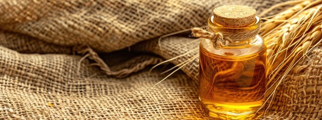 Fototapeta premium essential oil of wheat on the background of burlap top view