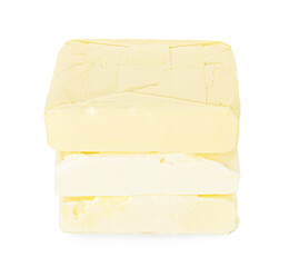 Stack of blocks of tasty butter isolated on white