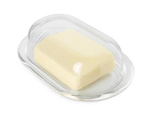 Dish with block of tasty butter isolated on white