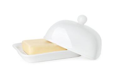 Dish with block of tasty butter isolated on white