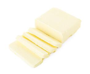 Slices of tasty butter isolated on white, above view