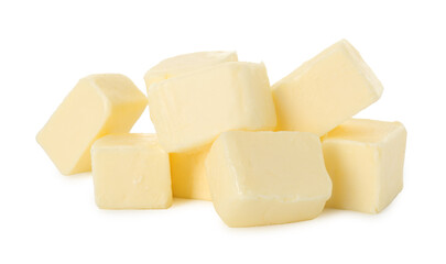 Pile of tasty butter cubes isolated on white