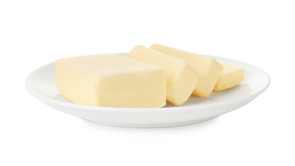 Plate with tasty cut butter isolated on white