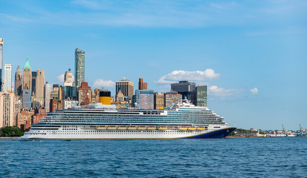Cruise ship York. Skyline of New York Manhattan cruising on the Hudson River cruise liner. New york cruise lines ships vacation