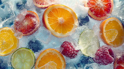 Background of frozen oranges, grapefruits, raspberries and limes