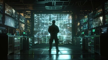 Digital Command Center Systems Administrator Managing Vast Network in Darkened Room