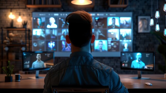 Immersive Virtual Meeting Tech Specialist Engages with Digital Avatars in HighTech Workspace - Powered by Adobe