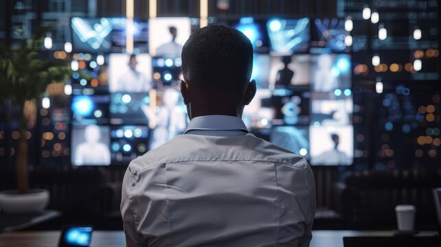 Immersive Virtual Meeting Tech Specialist Engages with Digital Avatars in HighTech Workspace