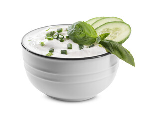 Delicious yogurt with green onion, cucumbers and basil in bowl isolated on white