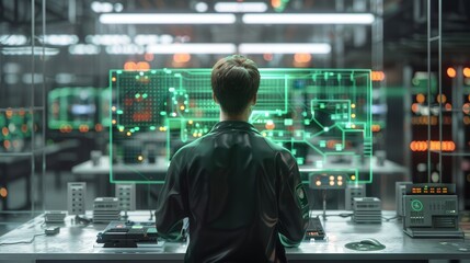 Tech Troubleshooting Expert in Data Center Resolves Network Issue on Futuristic Holographic Console Rear View Technician Image