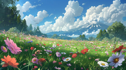 meadow with flowers,anime illustration of a field of flowers with a mountain in the back, flowers - obrazy, fototapety, plakaty