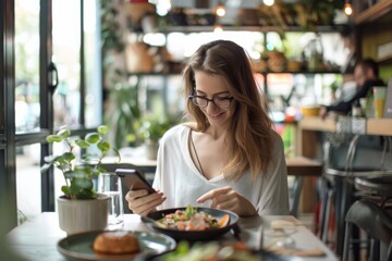 A young woman casually peruses her smartphone screen while enjoying a meal by herself at a cozy café