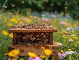 A wooden box with bees in it is sitting in a field of flowers. The bees are busy collecting nectar and pollen from the flowers. The scene is peaceful and serene