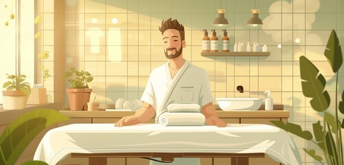 a masseuse male providing therapy in a spa, 2d, flat, illustration, solid color. - obrazy, fototapety, plakaty