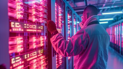 Optimizing Technology IT Technician Conducting Maintenance in Glowing Server Room