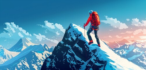 a mountaineer female climbing a challenging peak, 2d, flat, illustration, solid color. - obrazy, fototapety, plakaty