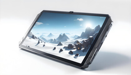 Modernes Gaming Tablet Computer mit futuristischer Oberfläche modernste Technologie und Leistung zum spielen arbeiten chatten digitale Kommunikation laptop cyberspace 3D Bildschirm Business blank pads