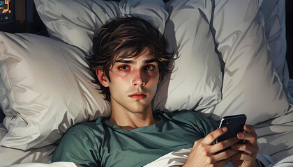 junger Mann liegt mit roten Augen und blassem Gesicht im hellen Bett zugedeckt und hält ein Smartphone Telefon in Händen, traurig Liebeskummer, einsam, Medienkonsum, Krankheit, Depressiv, Depression 