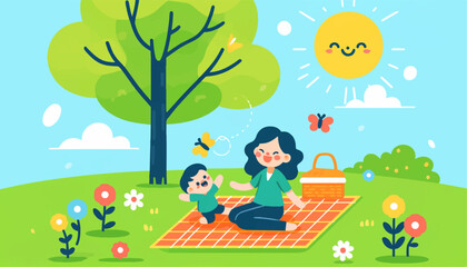 Obraz na płótnie Canvas mother and child spring picnic mothers day vector