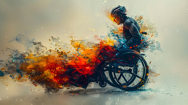 Silhouette of a disabled man in a wheelchair practicing sports. Colored illustration of a person in a wheelchair. Paralympic games Paris 2024.