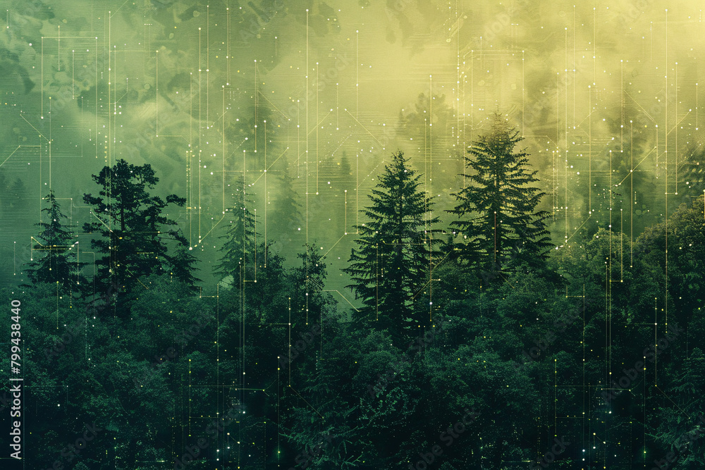 Poster forest in mist with green matrix code rain creating an ethereal scene