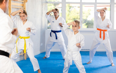 Fototapeta premium Boy with his family in kimonos and colored belts practicing karate punch block during group martial arts lesson in gym, accompanied by trainer
