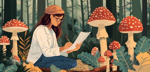 a mycologist female studying fungi in the woods, 2d, flat, illustration, solid color. - obrazy, fototapety, plakaty