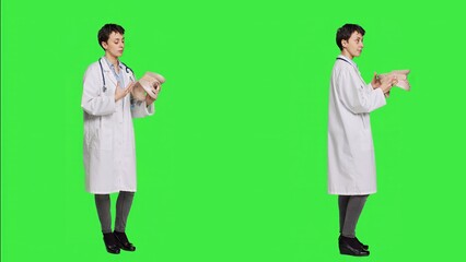 Fototapeta premium Physical therapy medic presents a cervical medical foam to help with rehabilitation after bone fracture or injuries. Woman physician having orthopedics expertise and neck brace. Camera A.