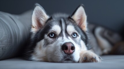 Sleek Siberian Husky Dog Posing on Plain Background, - obrazy, fototapety, plakaty