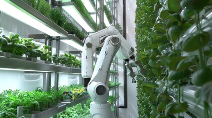 Precision Farming Robotic Arms Cultivating Lush Vertical Garden