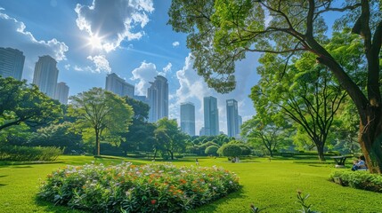 Beautiful landscape a park green grass with trees and skyscrapers against blue sky background.